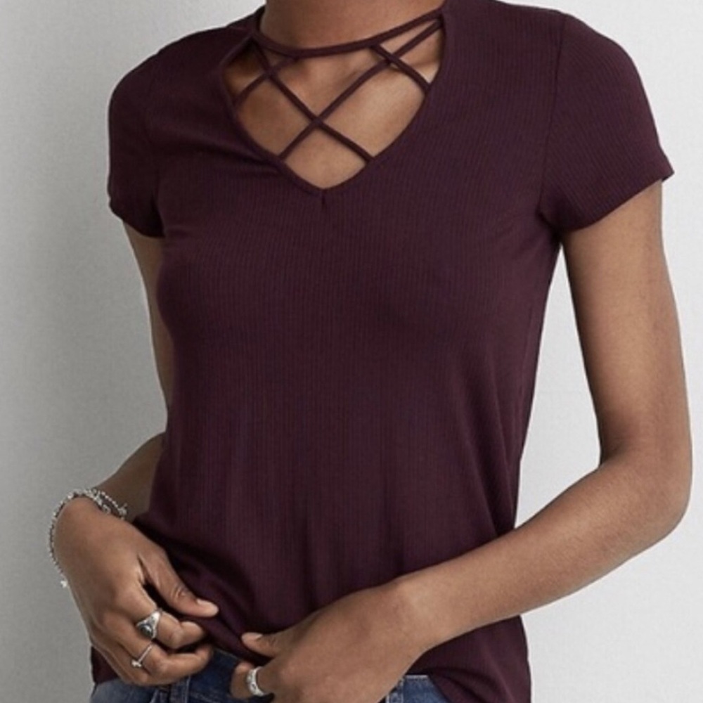 American Eagle Soft & Sexy Ribbed Caged Tee large